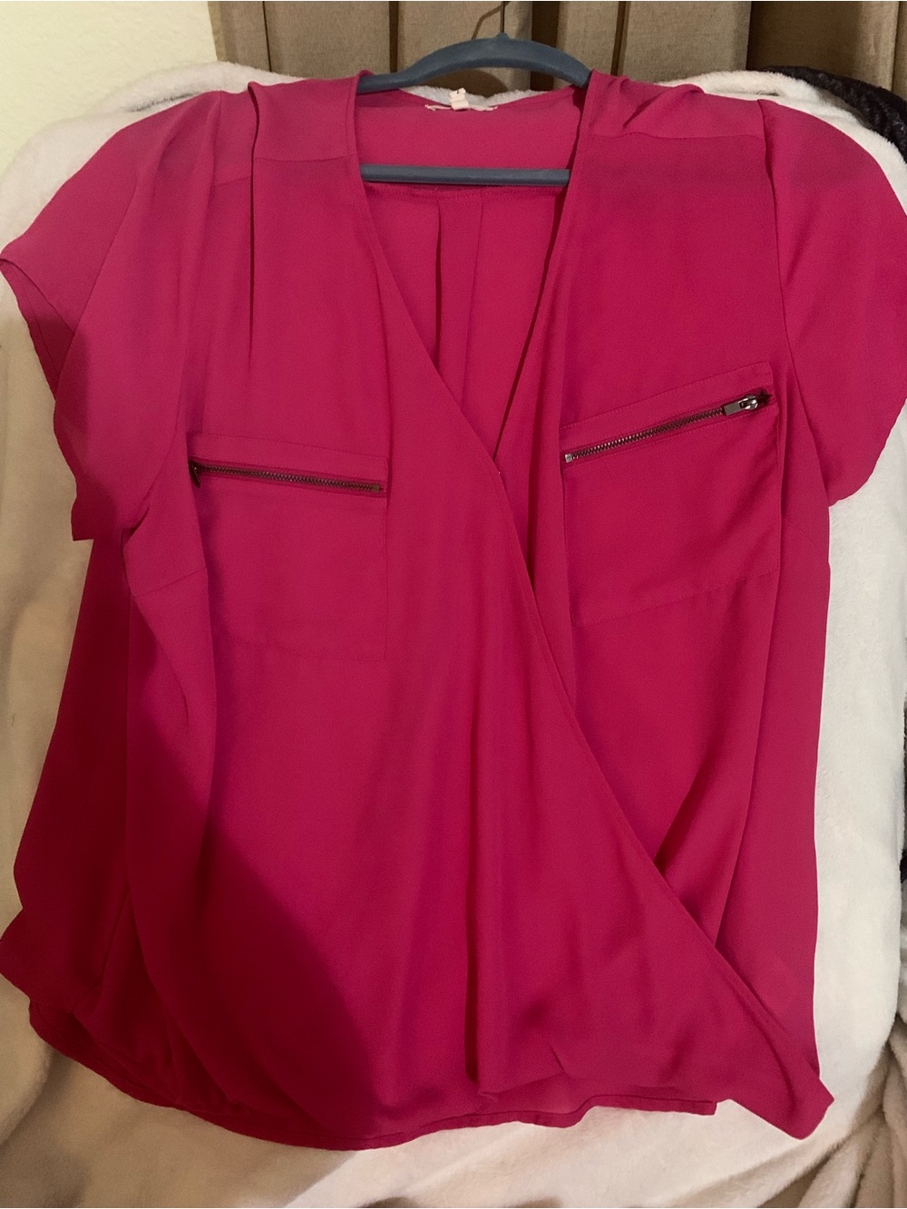 Maurices Hot Pink Surplice Blouse with Zip Pockets
